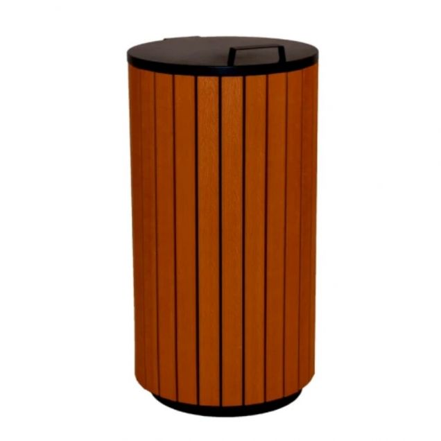 Runder Abfallbehälter mit Deckel 90 Liter Holzlook