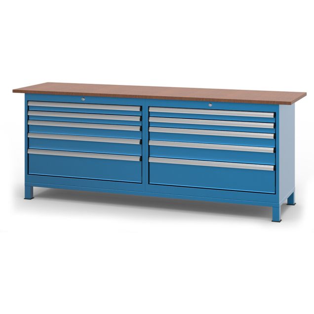 Werkbank mit 10 Schubladen 850x2200x600 mm (hxbxt) blau