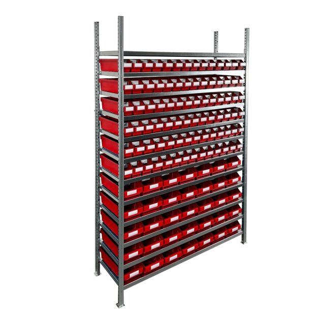Behälterregal 2.000x1.300x400 mm mit 119 Lagerbehältern / 476 Positionen rot