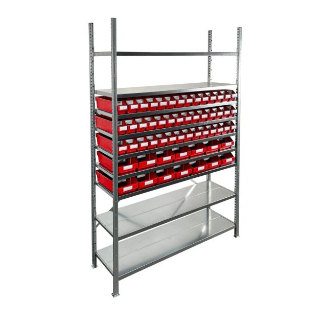 Behälterregal 2.000x1.300x400mm mit 56 Lagerbehältern / 224 Positionen rot