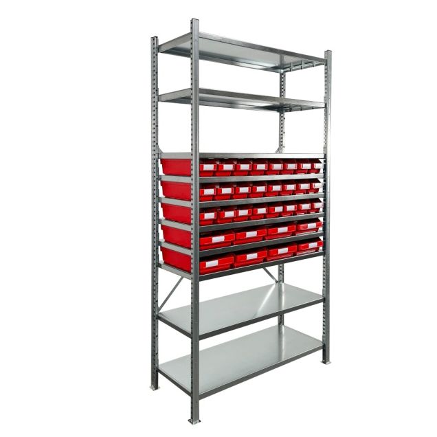 Behälterregal 2.000x1.000x400 mm mit 32 Lagerbehältern / 128 Positionen Rot