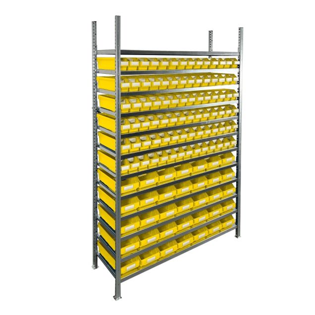 Behälterregal 2.000x1.300x400 mm mit 119 Lagerbehältern / 476 Positionen gelb