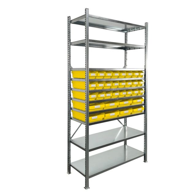 Behälterregal 2.000x1.000x400mm mit 32 Lagerbehältern / 128 Positionen gelb