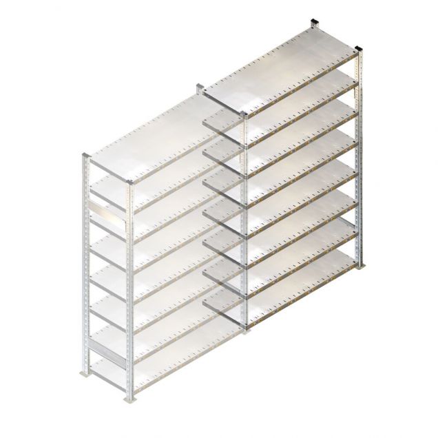 Gebruikte Schaefer R3000 legbordstelling 2970x1280x600mm (hxbxd) 8 niveaus aanbouwsectie