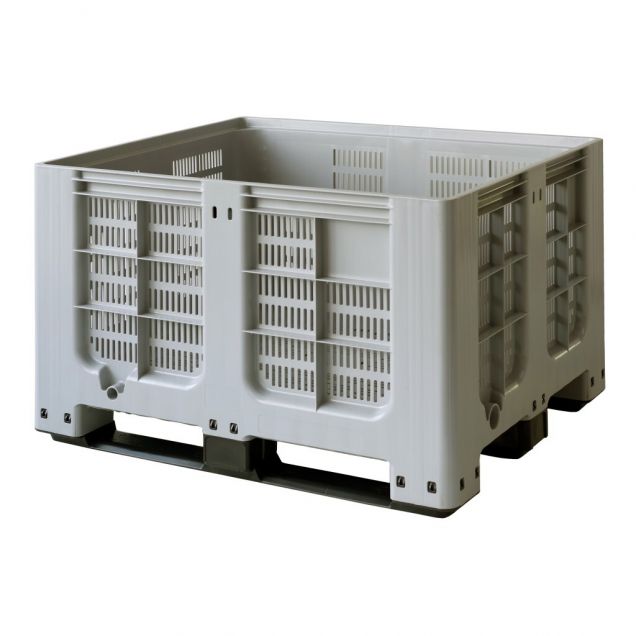 Perforierte Palettenbox im Blockpalettenformat 1200x1000x760 mm (lxbxh) auf 3 Kufen in Grau