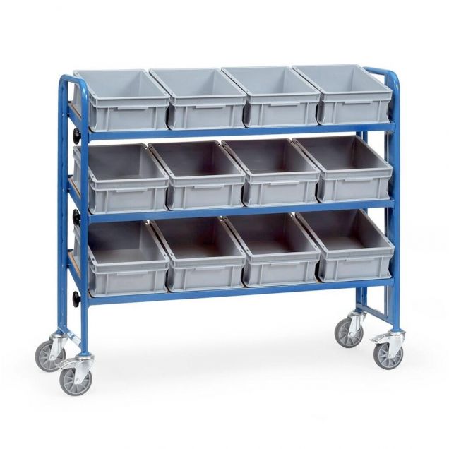 Lagerbehälterwagen 250 kg mit 3 Etagen und 12 kippbaren Euro-Lagerbehältern