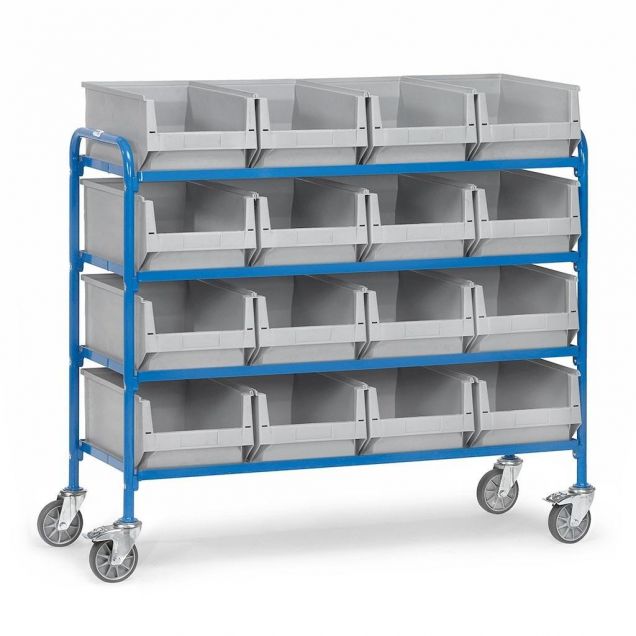 Beistellwagen 250 kg mit 4 Etagen 1250x470 und 16 Lagerbehältern