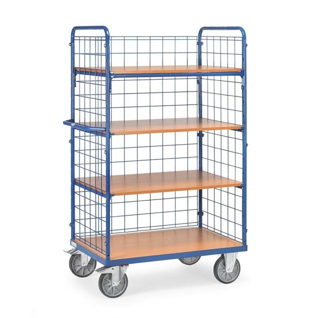 Etagenwagen, Transportwagen 1000x700x1800 mm (lxbxh) 600 kg mit 4 Etagen und 3 Drahtgitterwänden