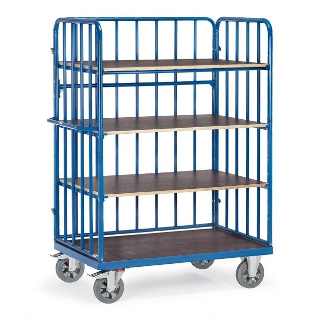 Etagenwagen, Schwerlastwagen 1000x700x1817 mm (lxbxh) 1200 kg mit 4 Etagen und 3 Wänden mit Stäben