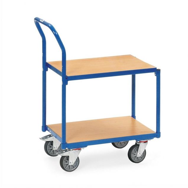 Eurobehälter Rollplatte 250 kg mit 2 gleichen Holz-Etagen und Schiebegriff 605x405