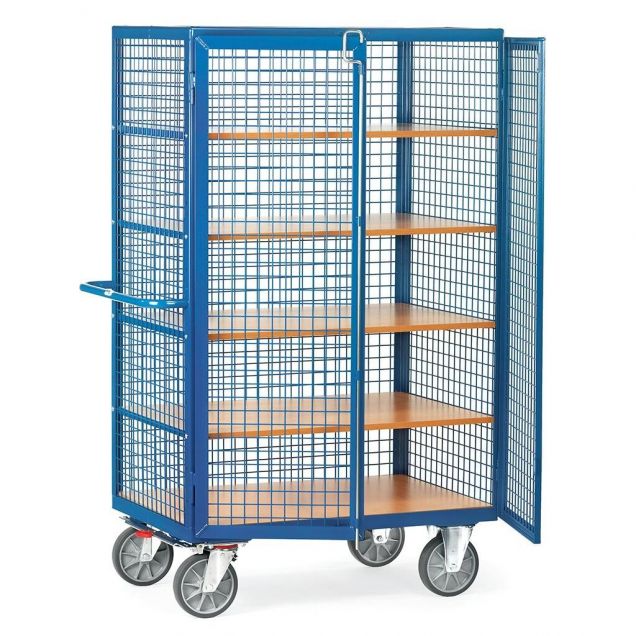 Schrankwagen 750 kg 1200x780 mit 5 Etagen, Drahtgitterwänden, Doppelflügeltür und Stangenverschluss