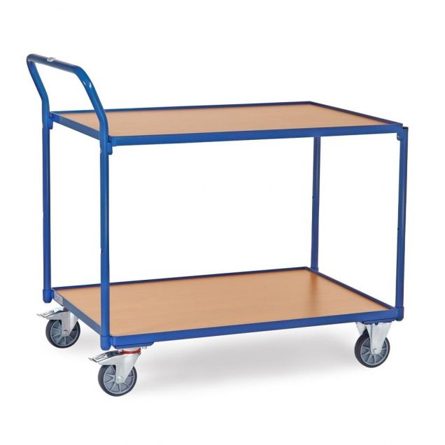 Leichter Tischwagen 300 kg mit 2 Holzetagen und hochstehendem Schiebegriff 1000x700