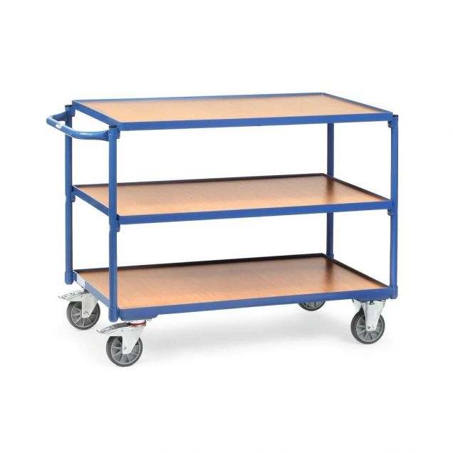 Leichter Tischwagen 300 kg mit 3 Holz-Etagen und horizontalem Schiebegriff 850x500