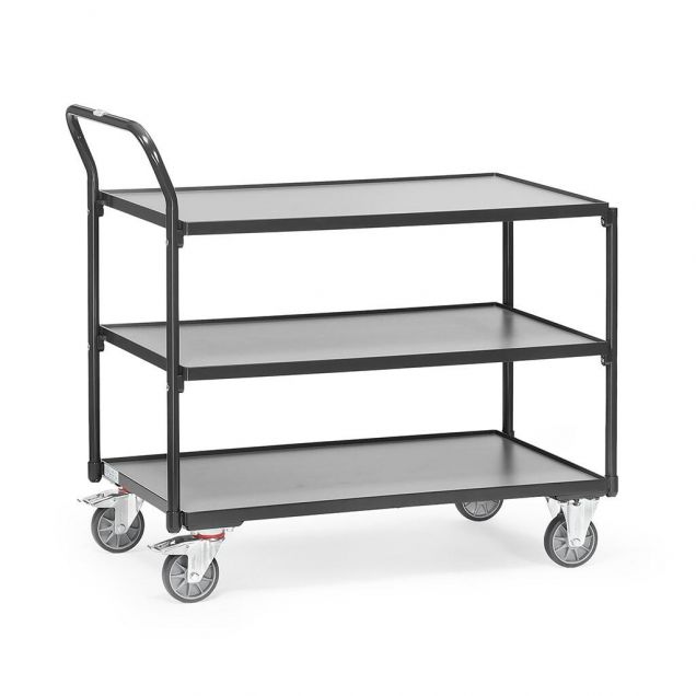 Leichter Tischwagen 300 kg mit 3 Holz-Etagen und aufrechtem Schiebegriff 850x500 anthrazit