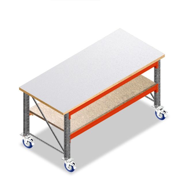 Mobile Werkbank, Arbeitstisch auf Rädern zweischichtig 1850x1000x940 mm (lxtxh) Rahmen vormontiert