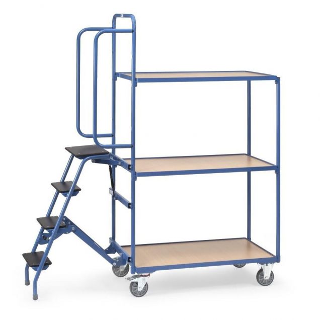 Kommissionierwagen mit 3 Ladeflächen und Treppe, hohe Ausführung