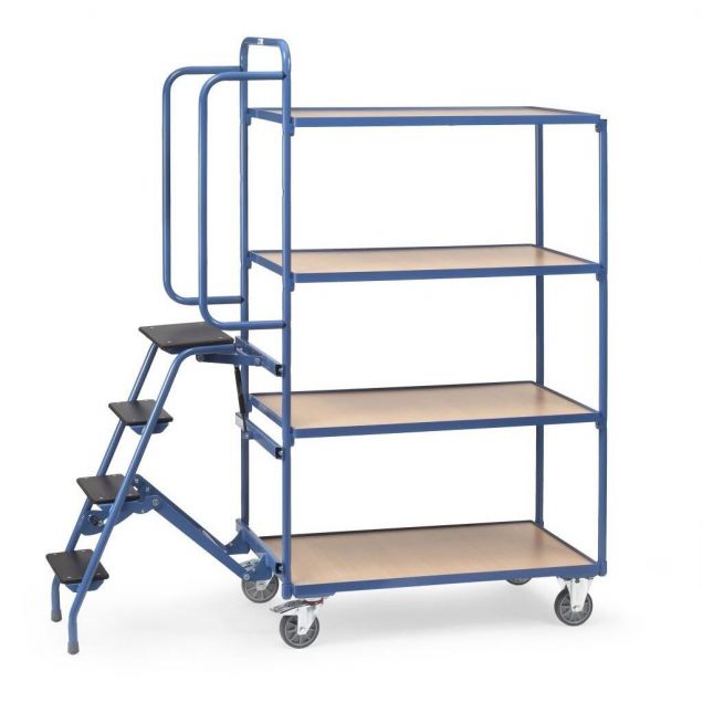 Kommissionierwagen mit 4 Ladeflächen und Treppe, hohe Ausführung