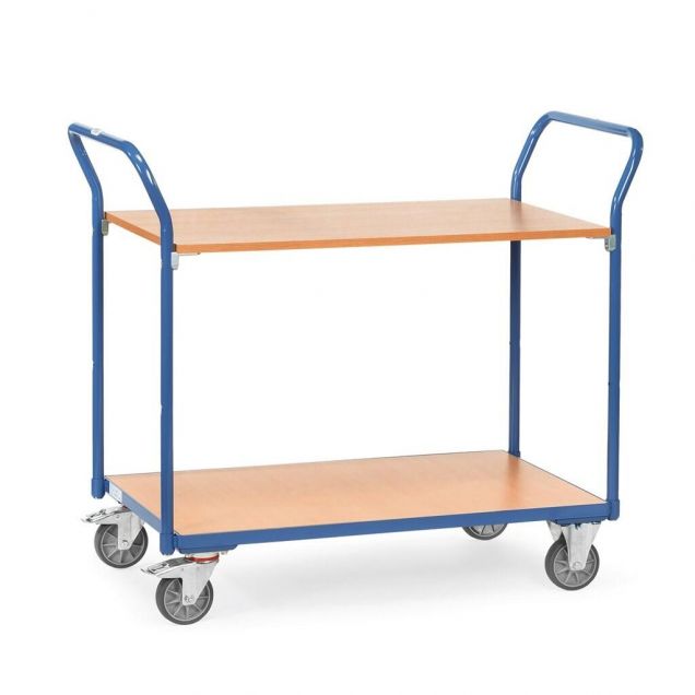 Tischwagen 200 kg mit 2 Holz-Etagen und doppeltem Schiebegriff 850x500