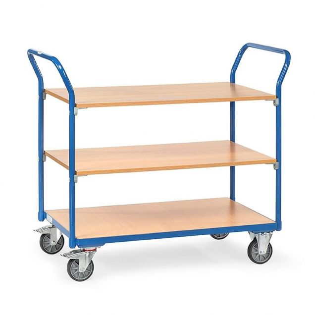 Tischwagen 200 kg mit 3 Holzetagen und doppeltem Schiebegriff 850x500