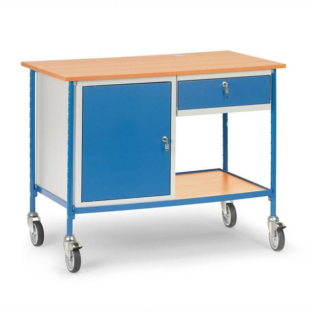 Rollbarer Tisch 150 kg 1120x650 mit abschließbarem Stahlschrank und ausziehbarer Schublade