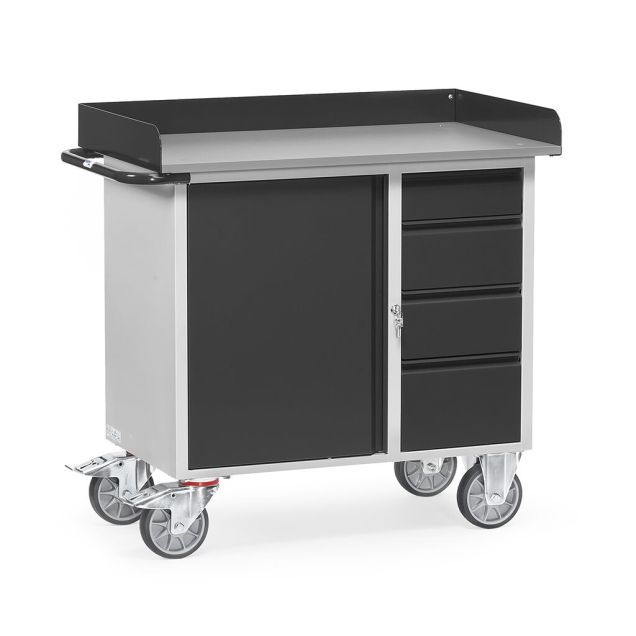 Werkstattwagen aus Stahlblech 400 kg mit 1 Schrank, 4 Schubladen und erhöhtem Rand 985x590 anthrazit