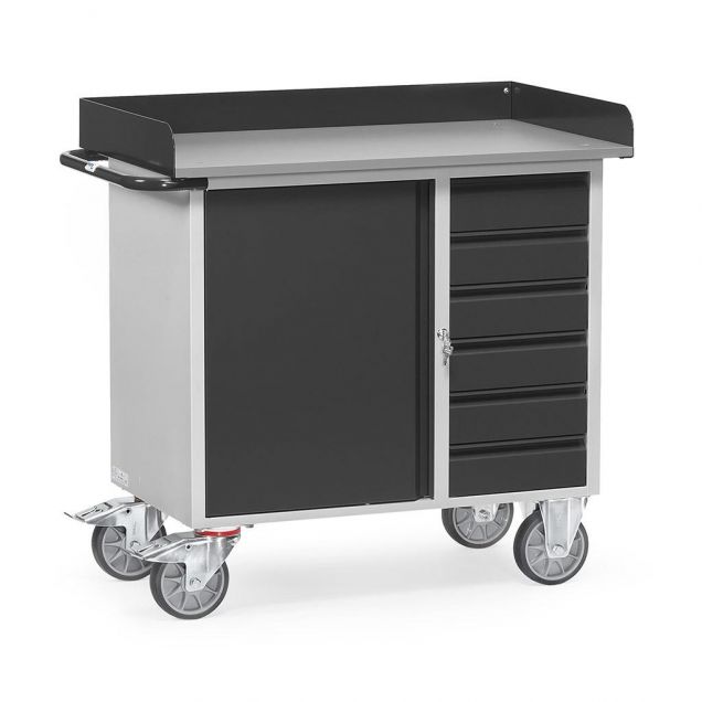 Werkstattwagen aus Stahlblech 400 kg mit 1 Schrank, 6 Schubladen und hochstehender Kante 985x590 anthrazit