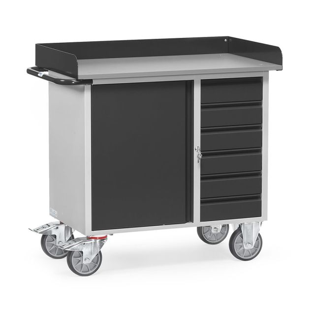 Werkstattwagen aus Stahlblech 400 kg mit 1 Schrank, 6 Schubladen und hochstehender Kante 985x590 anthrazit