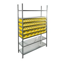 Behälterregal 2.000x1.300x400 mm mit 56 Lagerbehältern / 224 Positionen gelb
