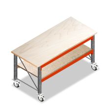 Mobile Werkbank, Arbeitstisch auf Rollen doppellagig 2150x950x940 mm (lxtxh) Rahmen vormontiert