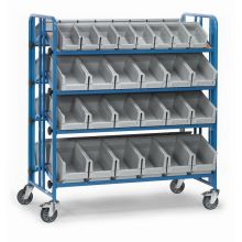 Lagerbehälterwagen 300 kg mit 4 Ebenen und 52 Lagerbehältern kippbar
