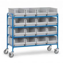 Beistellwagen 250 kg mit 4 Etagen 1250x470 und 16 Lagerbehältern