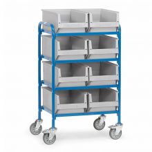 Beistellwagen 250 kg mit 4 Etagen 630x470 und 8 Lagerbehältern