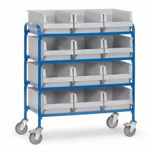 Beistellwagen 250 kg mit 4 Etagen 940x470 und 12 Lagerbehälter