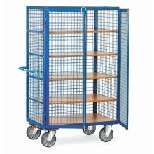 Schrankwagen 750 kg 1000x680 mit 5 Ebenen, Drahtgitterwänden, Doppelflügeltür und Stangenverriegelung