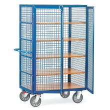 Kastwagen 750 kg 1200x780 mit 5 Ebenen, Drahtgitterwänden, doppelten Flügeltüren und Stangenverschluss