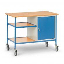 Rollbarer Tisch 150 kg 1120x650 mit 2 Holzetagen und abschließbarem Schrank