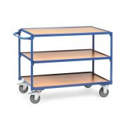 Leichter Tischwagen 300 kg mit 3 Holz-Etagen und horizontalem Schiebegriff 850x500