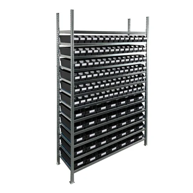 Behälterregal 2.000x1.300x400mm mit 119 Lagerbehältern / 476 Positionen schwarz