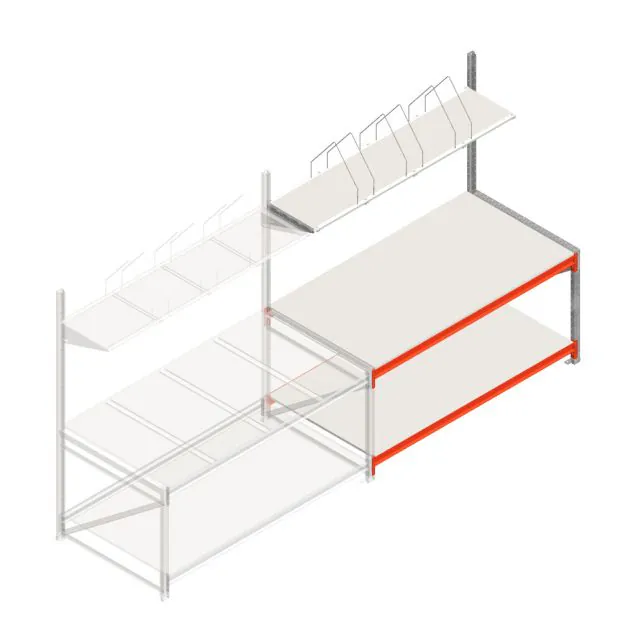 Packtisch zweilagig mit Aufbau 1905x1000x2000 mm (HxBxT) Anbauregal