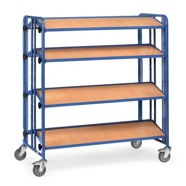 Lagerbehälterwagen 300 kg mit 4 hölzernen Ebenen 1280x315 kippbar beidseitig