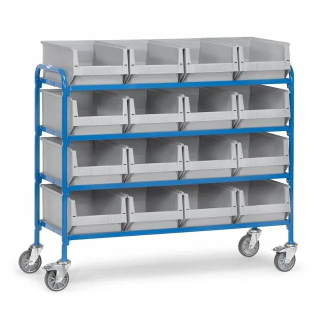 Beistellwagen 250 kg mit 4 Ebenen 1250x470 und 16 Lagerbehältern