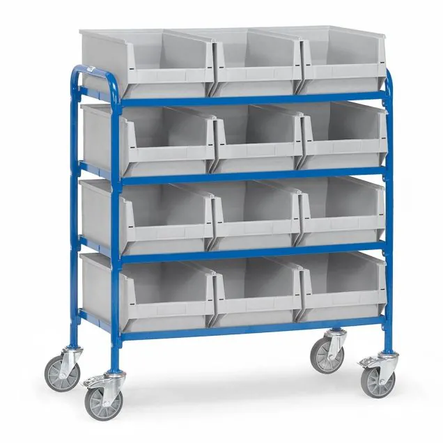 Beistellwagen 250 kg mit 4 Ebenen 940x470 und 12 Lagerbehältern