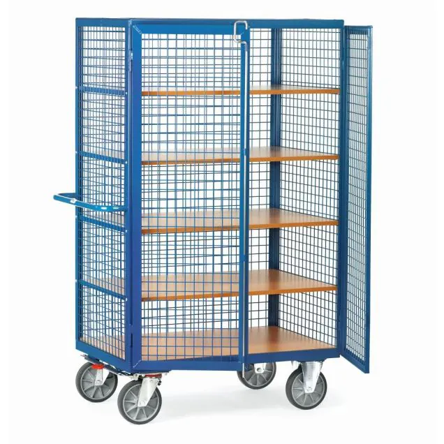 Schrankwagen 750 kg 1000x680 mit 5 Ebenen, Drahtgitterwänden, Doppelflügeltür und Stangenverriegelung