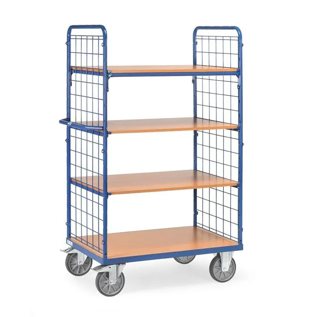 Etagenwagen, Transportwagen 1000x600x1800 mm (HxBxT) 600 kg mit 4 Etagen und 2 Drahtgitterwänden