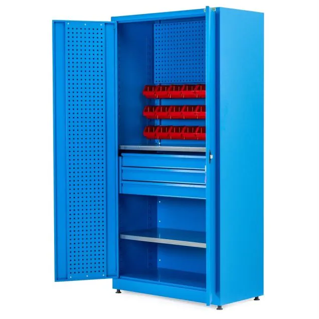 Materialschrank mit 2 Fachböden, Werkzeugwand, Lagerbehältern und 3 Schubladen blau 2030x1000x500 (HxBxT)