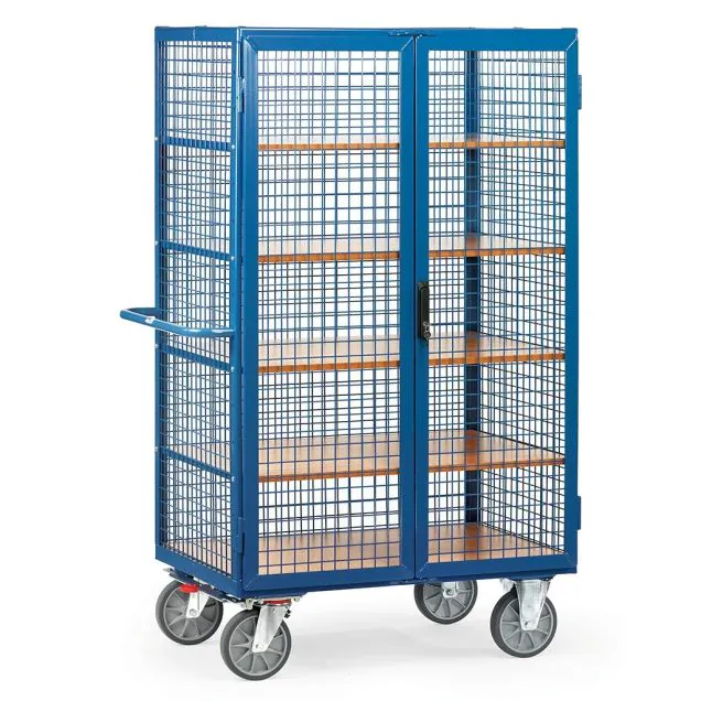 Schrankwagen 750 kg 1000x680 mit 5 Etagen, Drahtgitterwänden, Doppelflügeltür und Espagnolette-Verriegelung