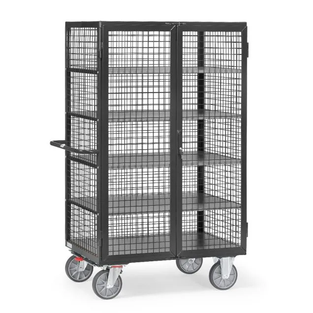 Schrankwagen 750 kg 1200x780 mit 5 Ebenen, Drahtgitterwänden, Doppelflügeltür und Spanjoletverschluss anthrazit