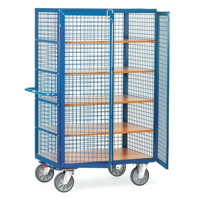 Kastwagen 750 kg 1200x780 mit 5 Ebenen, Drahtgitterwänden, doppelten Flügeltüren und Stangenverschluss