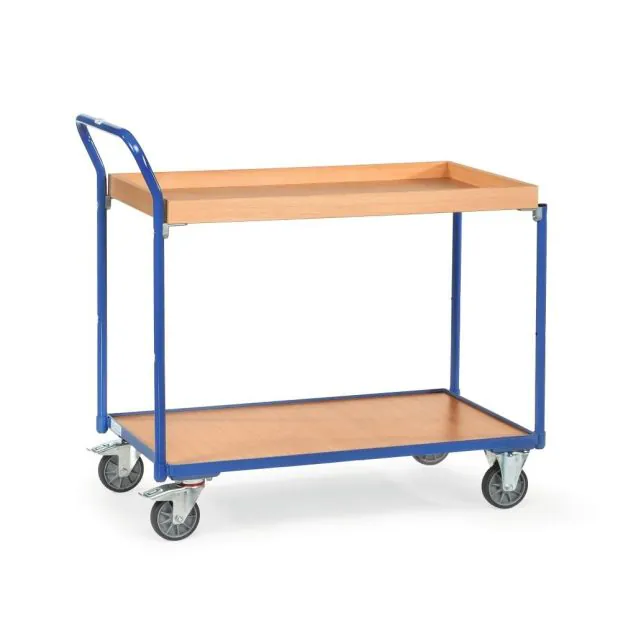 Leichter Tischwagen 300 kg mit 1 hölzerner Ebene, 1 Etagenbehälter und aufrechtem Schiebegriff 850x500