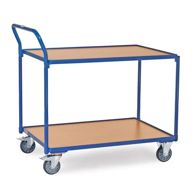Leichter Tischwagen 300 kg mit 2 Holz-Ebenen und aufrechtem Schiebegriff 1000x700